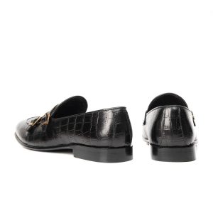 Black Croc Embossed Double Monk Loafers  our designers
