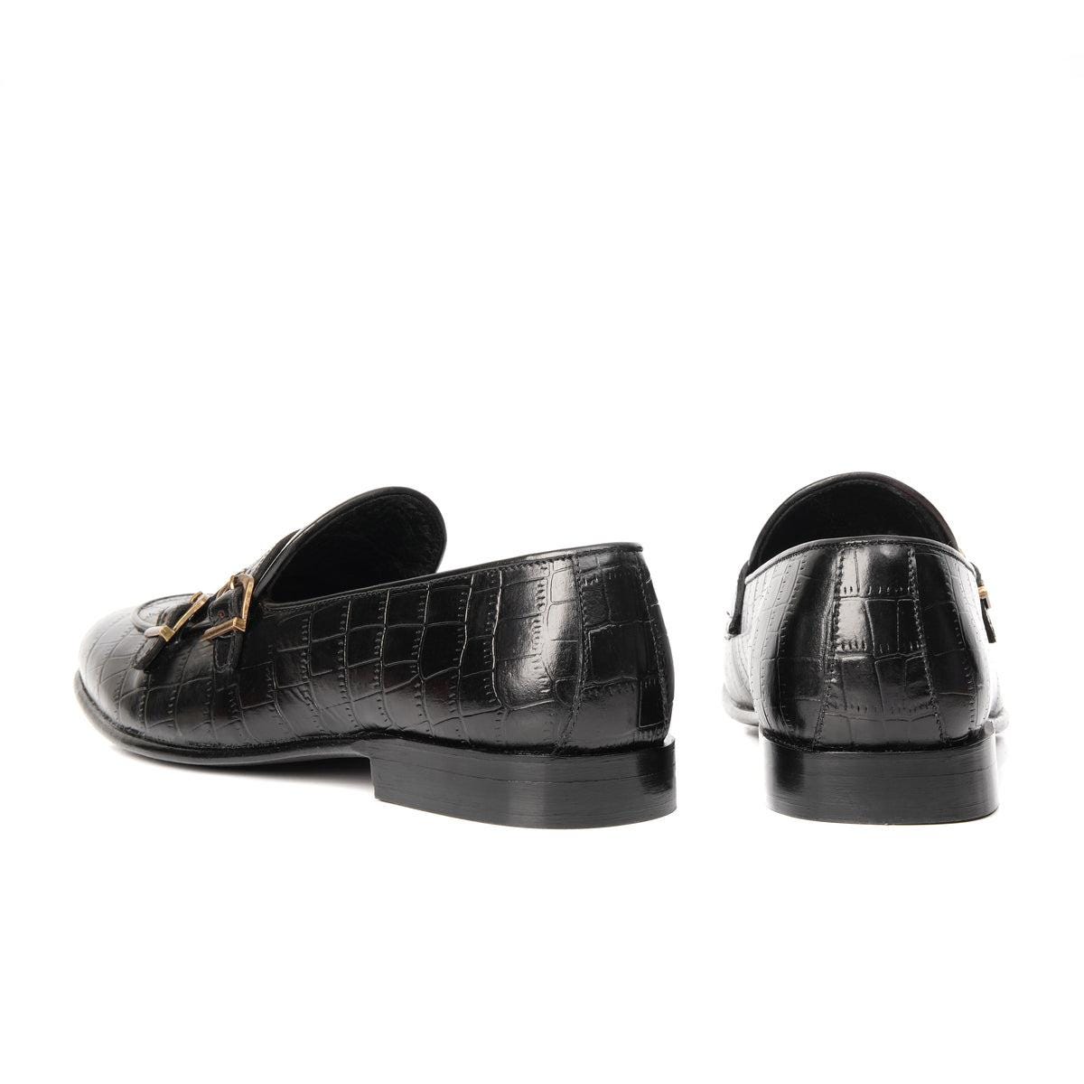 Black Croc Embossed Double Monk Loafers our designers