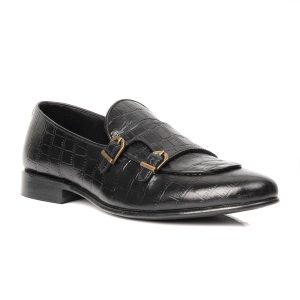 Black Croc Embossed Double Monk Loafers our designers