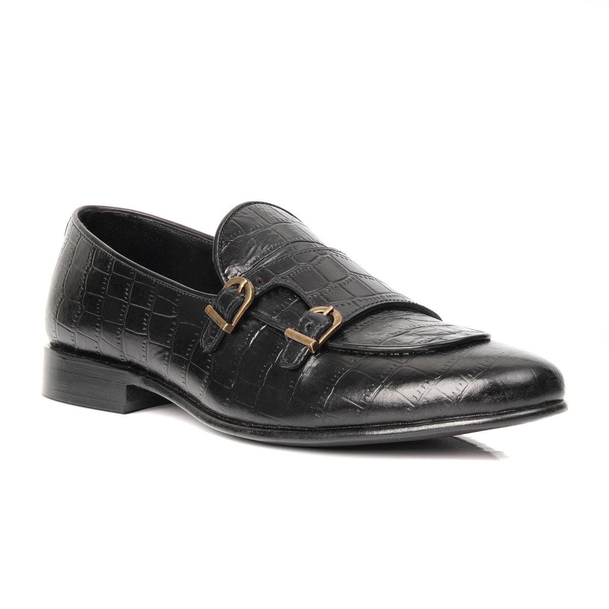 Black Croc Embossed Double Monk Loafers our designers