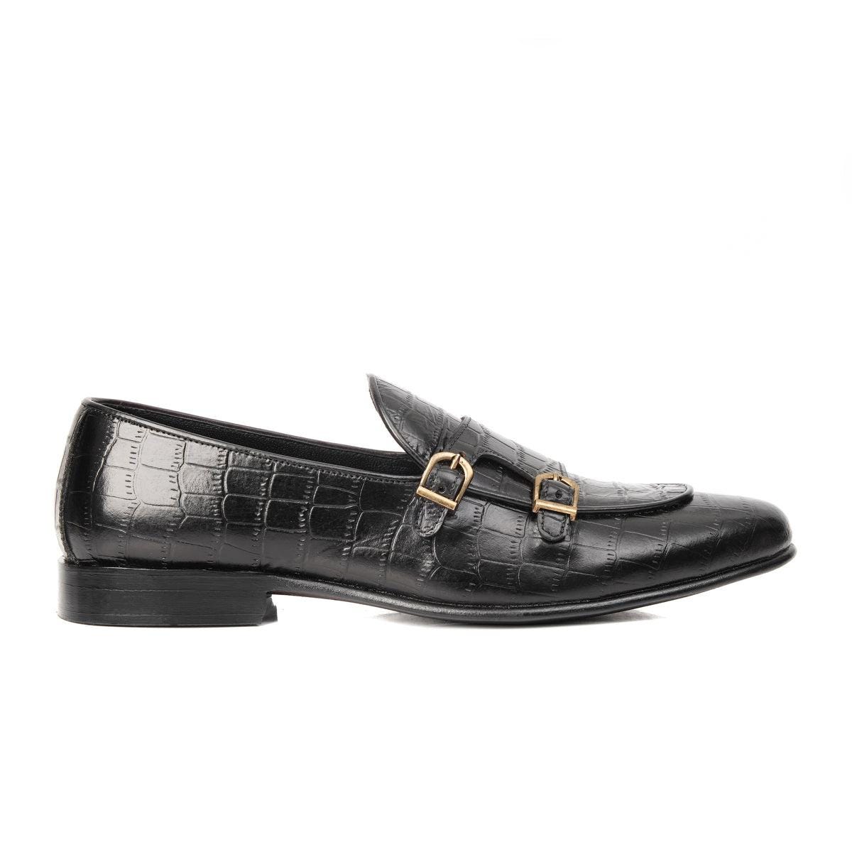 Black Croc Embossed Double Monk Loafers our designers